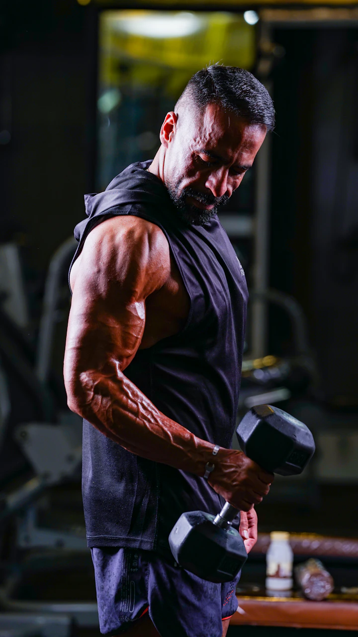 Atleta master fazendo rosca com halter, academia dramática