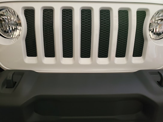 A close-up view of the front grille of a vehicle, featuring vertical slats and two round headlights. The grille is white with black mesh, and the bumper is dark gray.