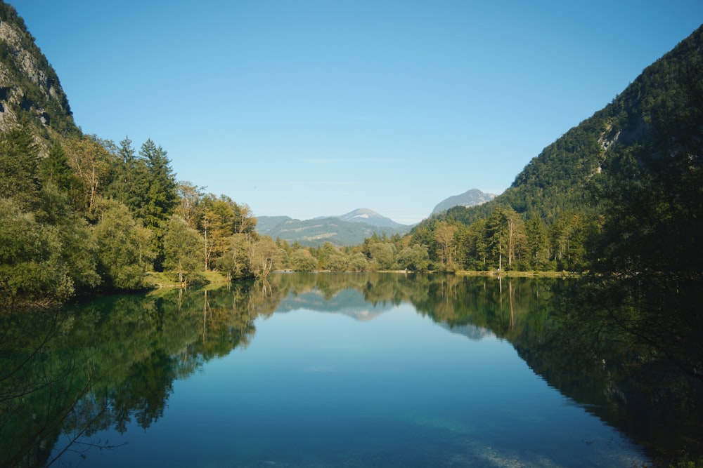 a body of water surrounded by trees and mountains