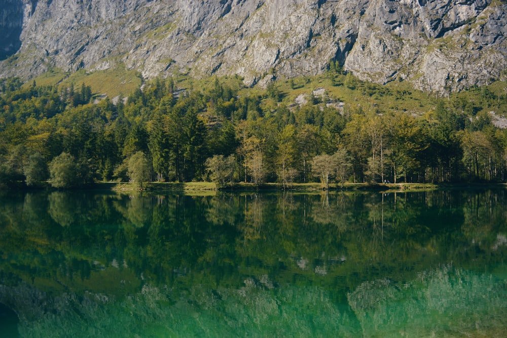 a lake surrounded by mountains and trees