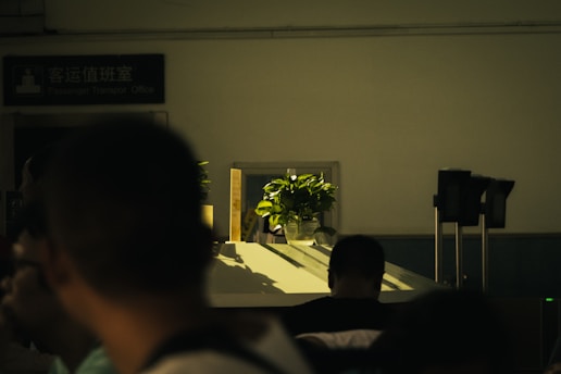 A dimly lit indoor scene showing several people from the back, with a desk in the background featuring a potted plant. A sign in Chinese characters and reading 'Passenger Transport Office' is visible above.