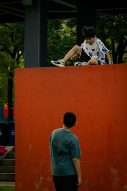 Two children are playing outdoors. One child is sitting on top of a large orange wall, looking down at the other child who is standing in front of the wall. The background is filled with green trees and a structure with columns, suggesting a park setting. The child sitting on the wall is dressed in a white shirt with blue patterns and black shorts, while the standing child is wearing dark pants and a greenish-gray t-shirt.