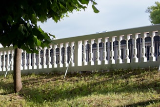 A well-maintained grassy area with a small tree casting a shadow in the foreground. Behind the tree is a white decorative fence with evenly spaced vertical balusters, extending across the image.