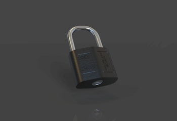 A single metallic padlock is positioned at an angle against a dark background. The lock is shiny, with engraved text visible on its body, including the words 'LOCK' and 'SECURITY'.