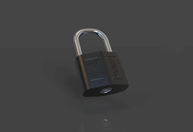 A single metallic padlock is positioned at an angle against a dark background. The lock is shiny, with engraved text visible on its body, including the words 'LOCK' and 'SECURITY'.