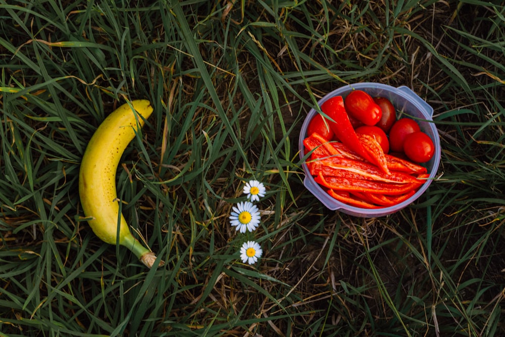 a bowl of tomatoes and a banana on the grass