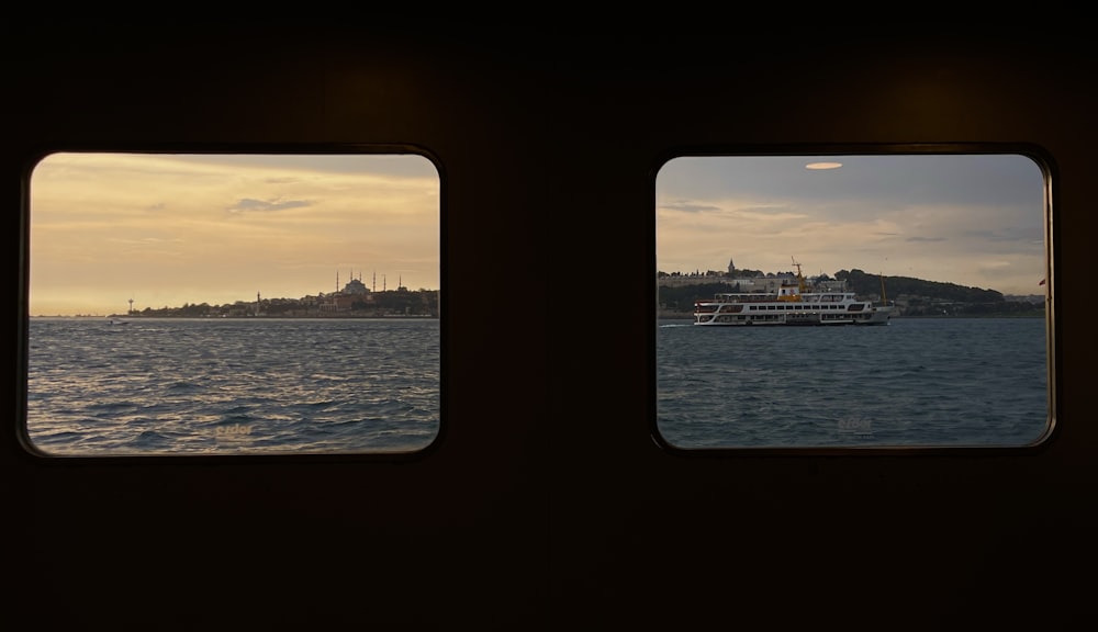a view of a body of water through two windows