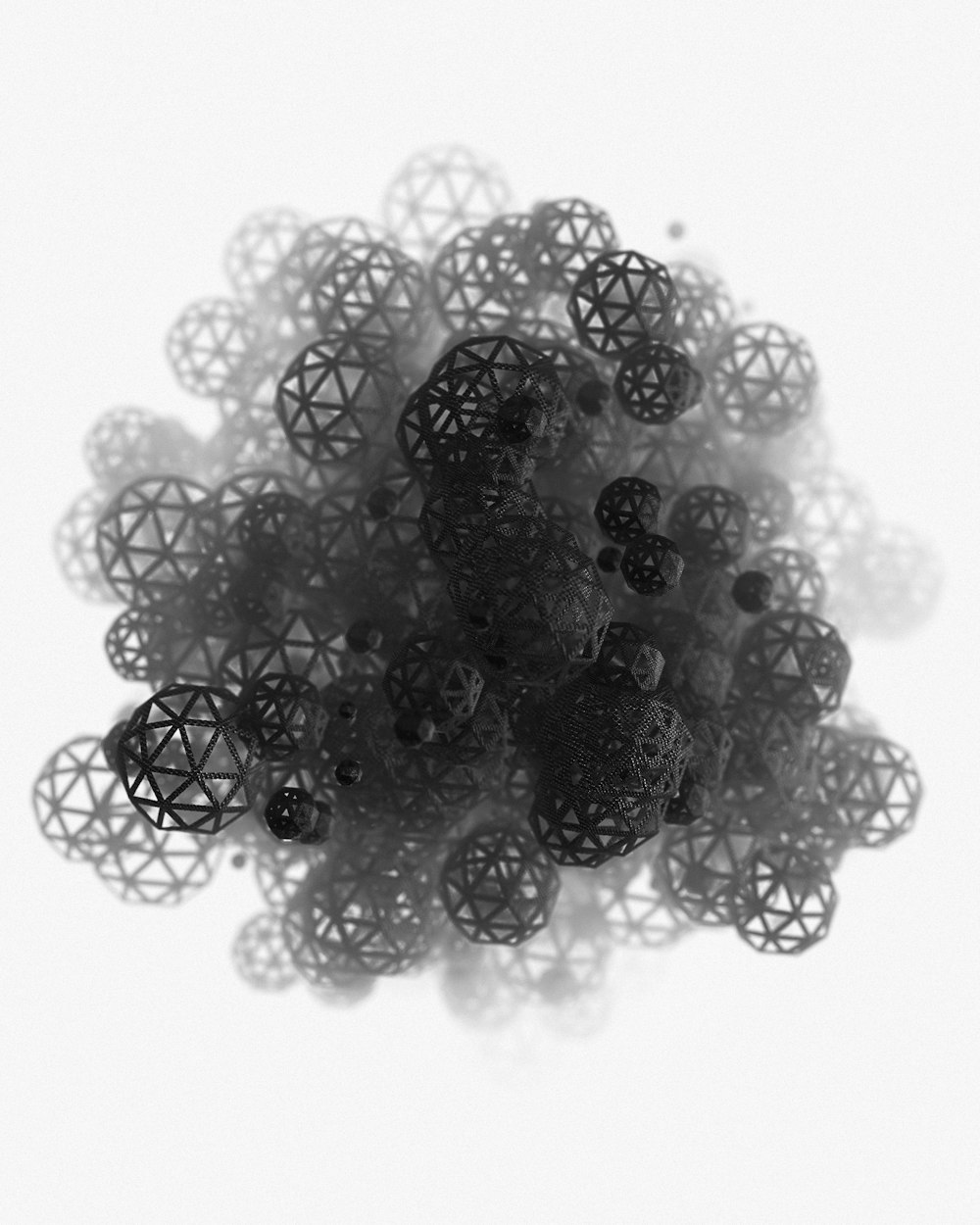 a black and white photo of a bunch of balls