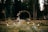 An outdoor wedding setup with wooden chairs arranged in rows on a grassy area. In the background, there is a circular floral arch surrounded by trees. Soft lighting is provided by candles placed on the ground.
