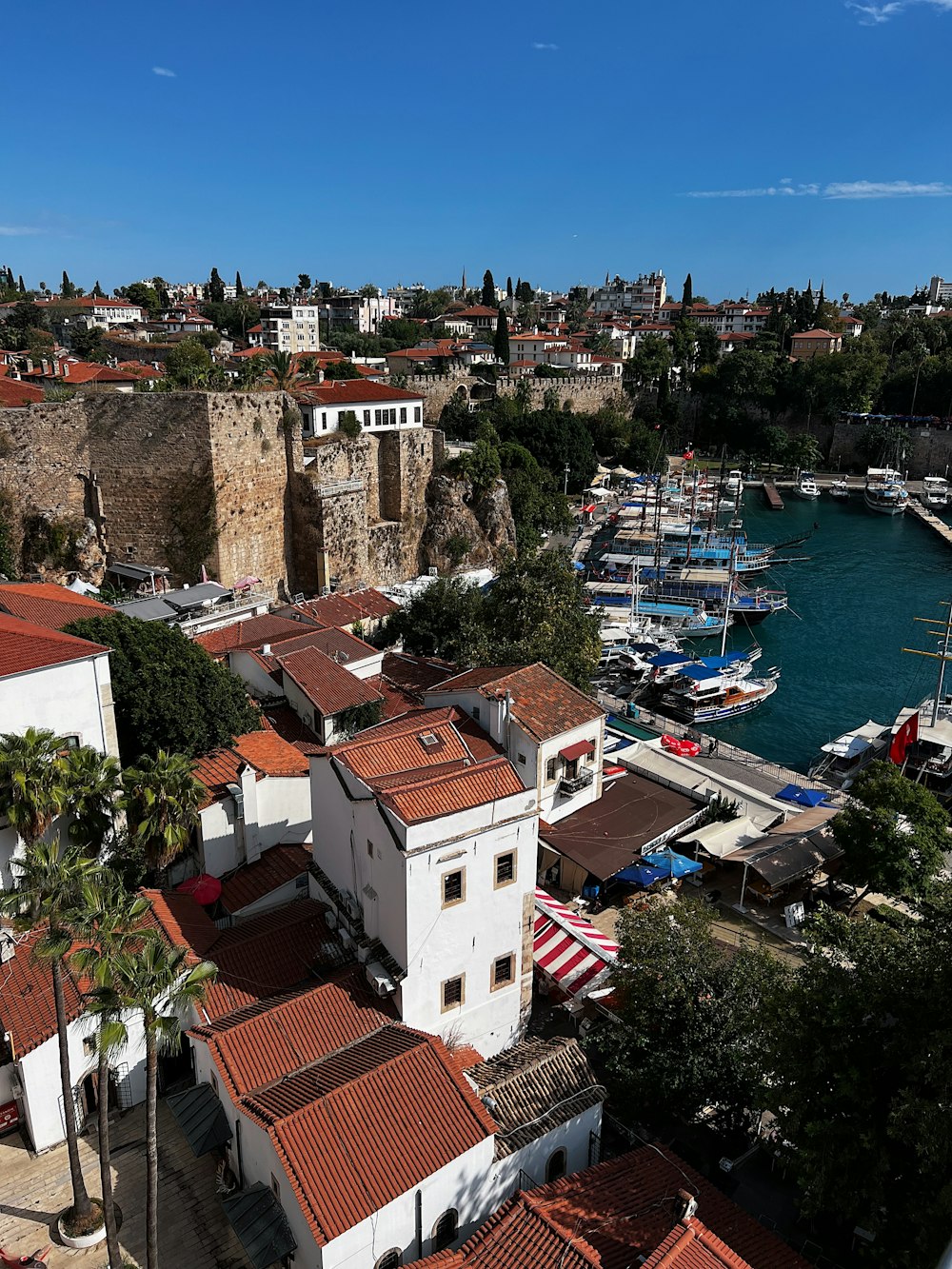 a view of a harbor with boats in the water