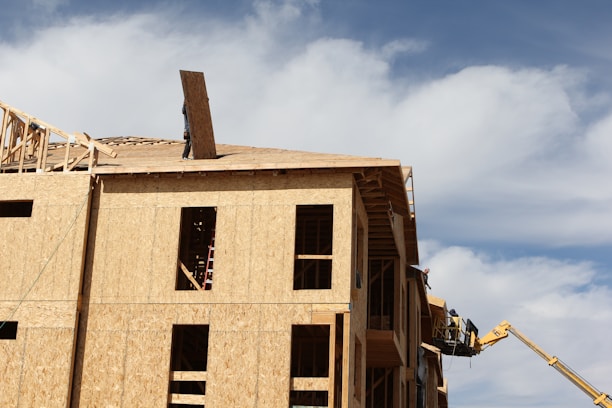 A multi-story wooden building under construction, with a worker on the roof holding a large wooden board. A crane is positioned on the side, assisting with the construction. The sky is bright and partly cloudy.