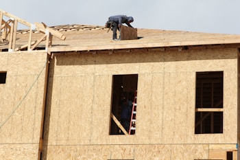 A construction worker is on the roof of a partially built wooden house, handling a piece of plywood. The wooden structure is in the initial stages of development and consists mainly of a framed outer wall without siding or windows. There is a ladder inside the building, visible through an opening.