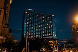a very tall building lit up at night