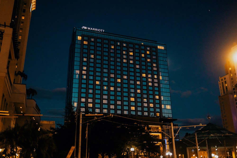 a very tall building lit up at night