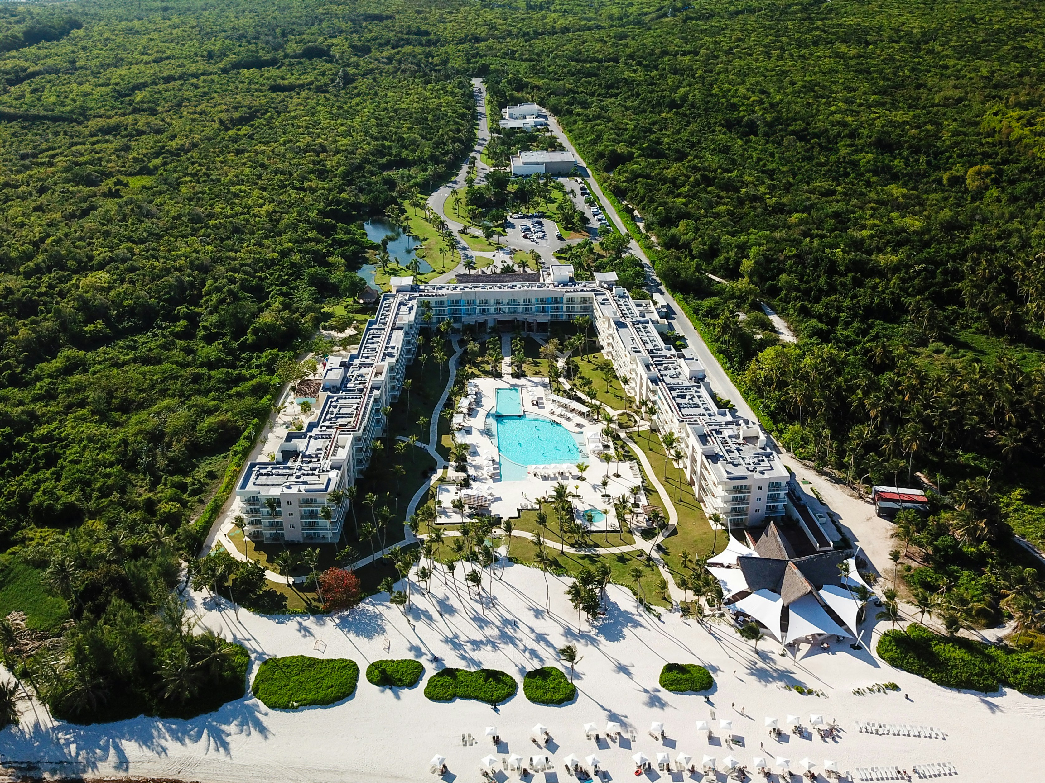 Aerial view of a lakeside resort development