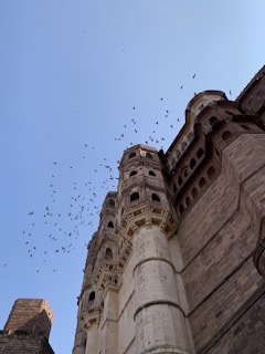 A majestic stone fortress with intricate architecture reaches up into a clear blue sky. A flock of birds is seen flying overhead, adding a sense of movement to the otherwise still and sturdy structure. The fortress is characterized by its tall, rounded towers and detailed carvings.