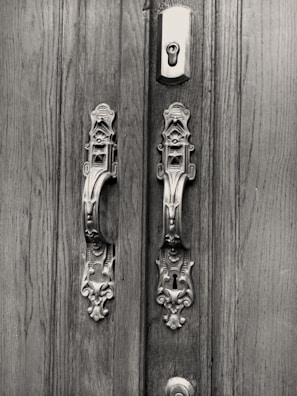 An elegant double door with vintage handles in a cozy home setting.