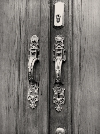 An elegant double door with ornate metalwork and vintage handles, in a cozy hallway.