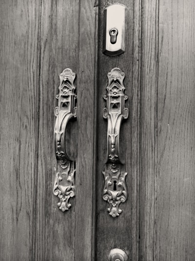 An intricately carved double door features ornate metallic handles and a keyhole set against a wooden background. The design reflects vintage aesthetics with elaborate patterns on the handles and locks.