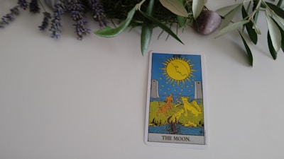 A tarot card labeled 'The Moon' lies on a white surface. The card features a bright yellow moon with a face against a blue sky, overlooking two canine figures, a path, and two towers in the background. There is lush greenery and a body of water in the foreground. Sprigs of purple flowers and green leaves are positioned above the card.