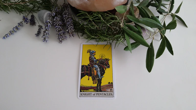 Close-up of the King of Pentacles holding a golden pentacle, surrounded by lush vines.