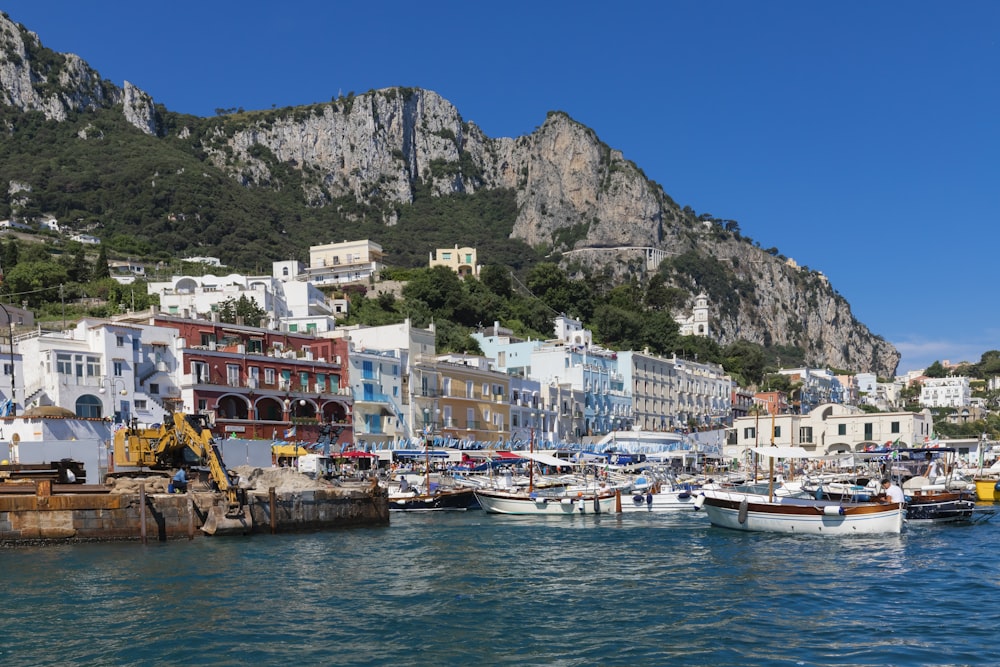 a harbor filled with lots of boats next to a mountain