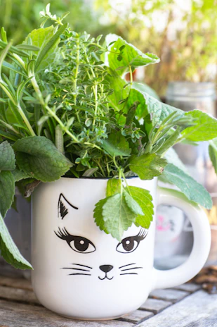 a white mug with a cat face painted on it