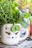 Close-up of a black ceramic mug with a sarcastic grumpy cat illustration