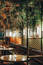 A cozy corner of Cafe Baha with soft cream and earthy green tones, inviting guests to connect.