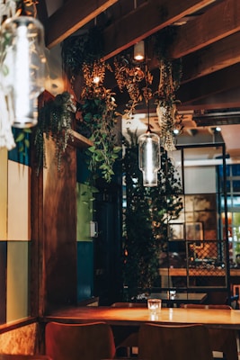 A cozy interior setting featuring a wooden table with a small candle on top. The ceiling is adorned with hanging plants and stylish pendant lights, contributing to a warm and inviting atmosphere. The walls showcase a combination of wooden panels and glass, with some metal accents.