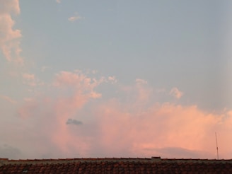 A tile roof is silhouetted against a sky filled with soft pink and blue clouds. The sky is light and calm, suggesting a time around sunset or sunrise. An antenna is visible on the right side, slightly above the roofline.