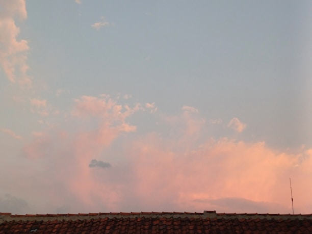 A tile roof is silhouetted against a sky filled with soft pink and blue clouds. The sky is light and calm, suggesting a time around sunset or sunrise. An antenna is visible on the right side, slightly above the roofline.