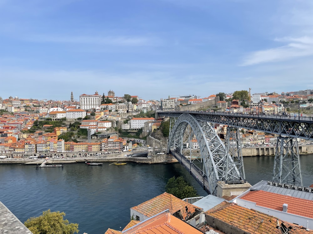 a bridge over a river with a city in the background