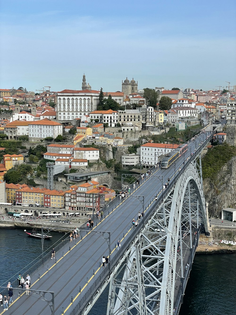 a bridge over a body of water with a city in the background