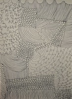 Complex abstract design comprised of various patterns including lines, dots, and curves. The intricacies form a textured patchwork with areas of dense dot clusters and flowing linear sections.