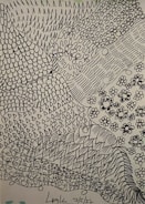 A detailed surreal artwork featuring abstract symbols in black ink.