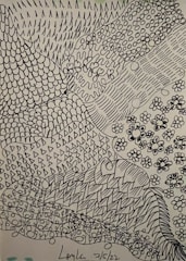 Intricate black ink patterns layered over subtle earth tones on textured paper.