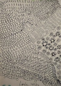 A detailed black-and-white drawing by Eric Strauss highlighting intricate line work.
