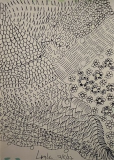 A detailed abstract black ink drawing composed of various patterns including scales, dots, lines, and floral motifs. The design is intricate, with interlocking sections filled with different textures.