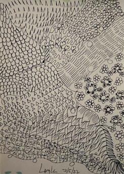 A detailed black-and-white pen drawing of a whimsical character from a webcomic, surrounded by intricate patterns.