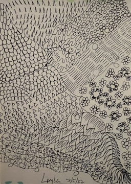 A detailed surreal artwork featuring abstract symbols in black ink.