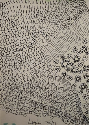 An intricate ink drawing showing layered textures and subtle narrative hints.