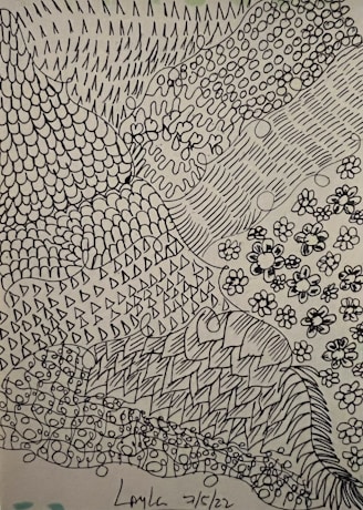 A detailed black-and-white drawing by Eric Strauss highlighting intricate line work.