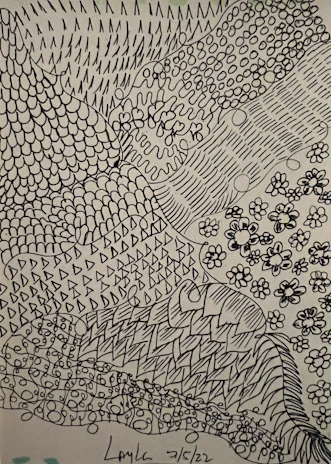 A detailed printmaking piece showing intricate patterns and textures in monochrome.