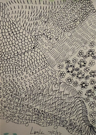 Abstract cosmic-inspired tattoo design sketched on off-white paper with black ink.