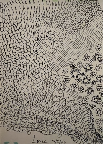 A detailed abstract black ink drawing composed of various patterns including scales, dots, lines, and floral motifs. The design is intricate, with interlocking sections filled with different textures.