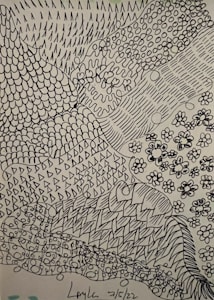 A detailed abstract black ink drawing composed of various patterns including scales, dots, lines, and floral motifs. The design is intricate, with interlocking sections filled with different textures.