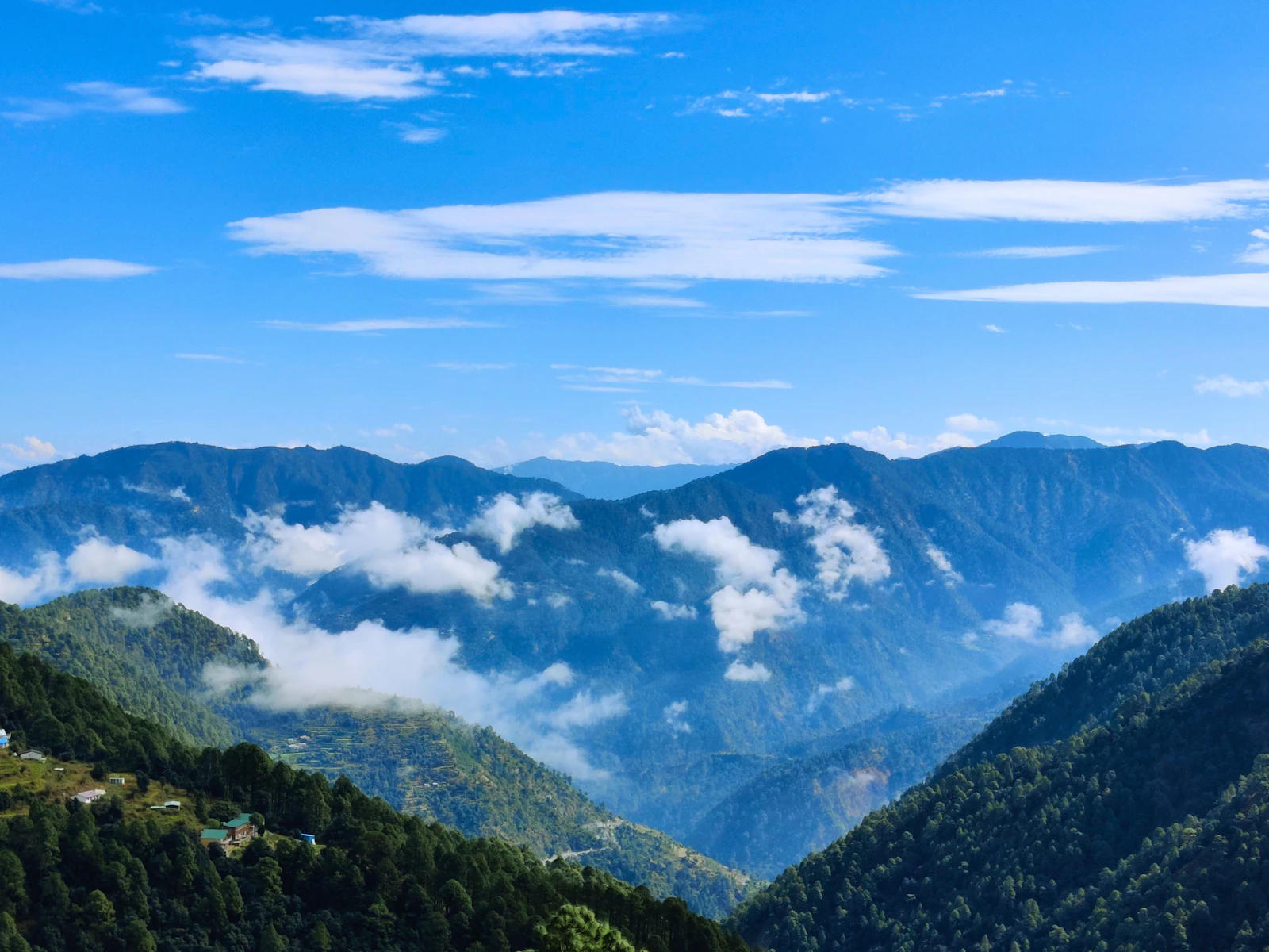 Cloud-covered green mountain range near Mussoorie