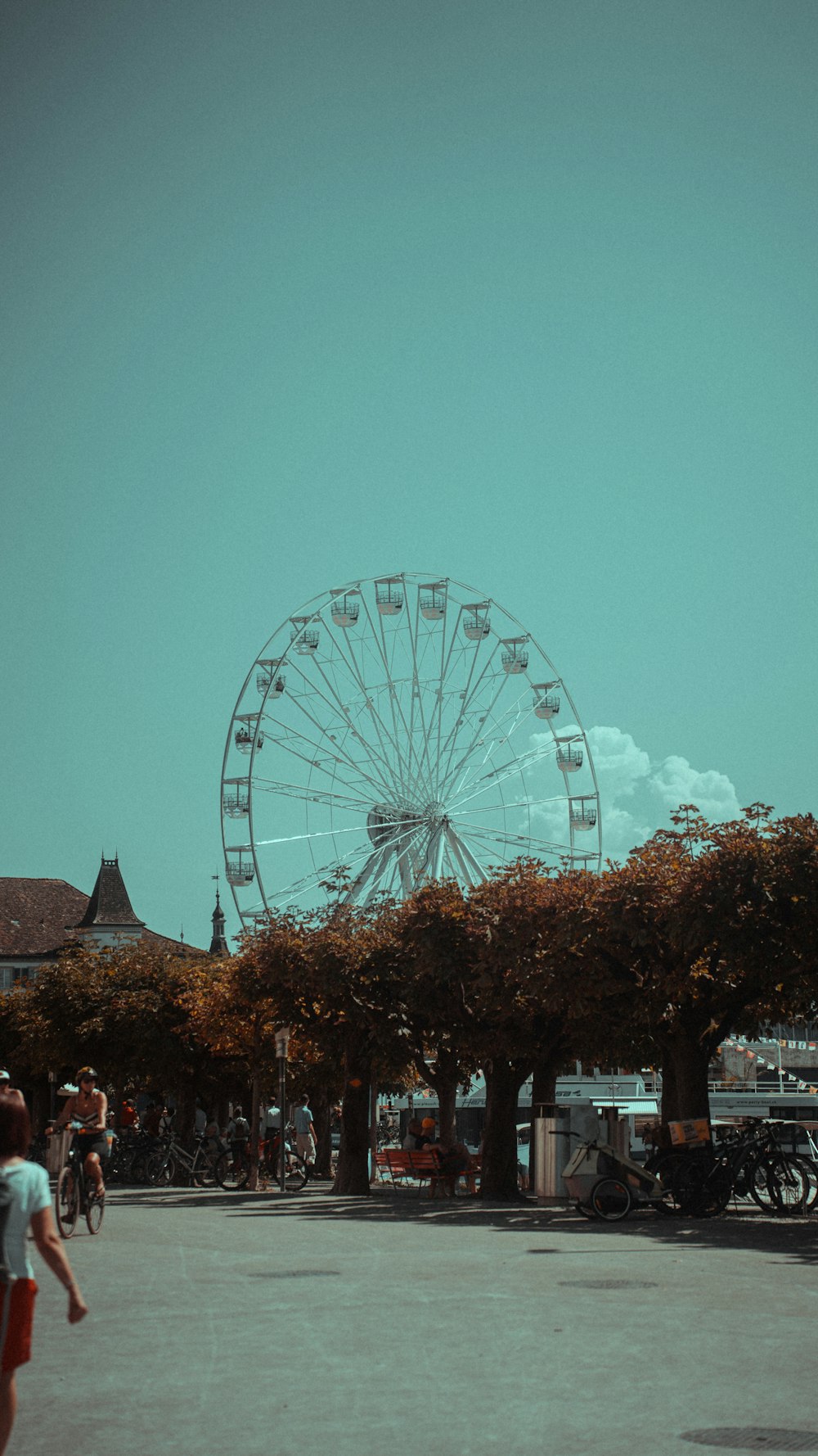 a ferris wheel in a park with people walking around