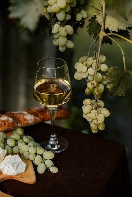 A glass of white wine is placed on a table next to green grapes, a loaf of bread, and a piece of cheese. The grapes hang from a vine, giving a rustic and fresh appearance.